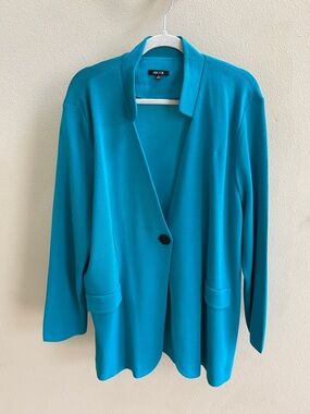 Misook Woman All Seasons Knit Single Button Blazer Cardigan Teal Turquoise blue